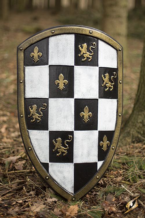 Schild mit Schachbrettmuster, weiß/gold