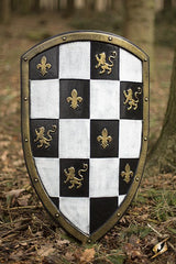 Schild mit Schachbrettmuster, weiß/gold